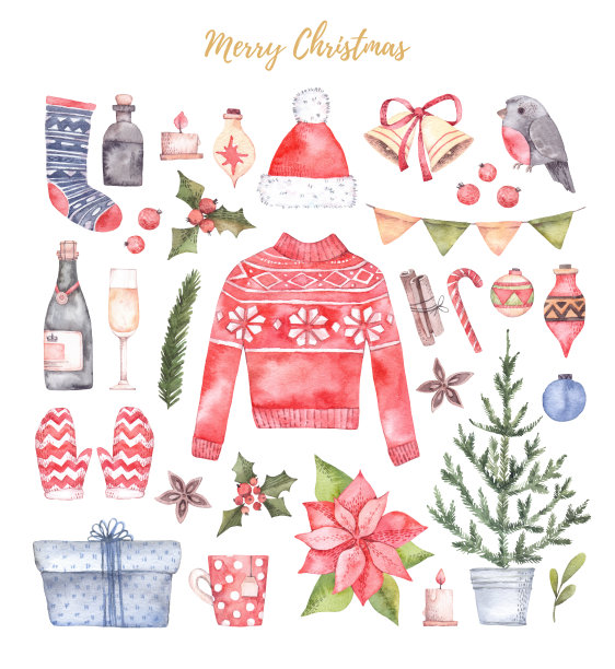 水彩插图。装饰圣诞卡与花卉元素，一品红，礼物，铃铛等。完美的邀请，贺卡，印刷和更多。圣诞快乐，恭贺新禧图片下载