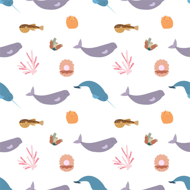 海洋动物无缝花纹有白鲸，独角鲸，贝壳有珍珠，珊瑚。海底世界的居民打印。图片下载