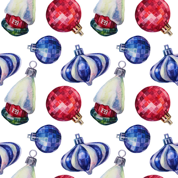 无缝图案水彩手绘蓝红色闪亮圣诞装饰球和家与雪在白色的背景。创意玩具剪纸为新年，庆祝，墙纸，包装图片下载
