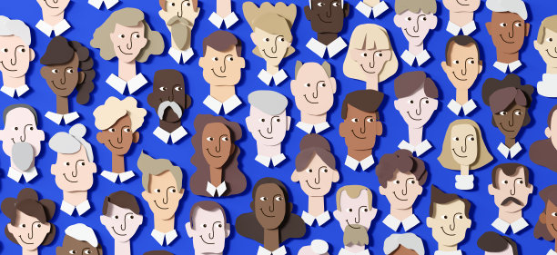 背景上有很多人的脸。三维效果图，剪纸效果。不同年龄和职业背景的人图片下载