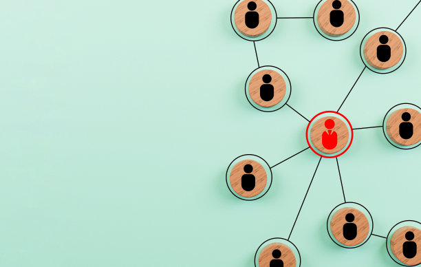 木方块打印屏幕人物图标连接连接网络的组织结构，社会网络和团队合作的概念通过3d渲染。图片下载