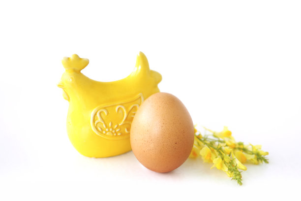 一个黄色的陶瓷母鸡雕像，一个棕色的鸡蛋和黄色的野花。在白色背景上隔离。绿色农业的概念。图片下载