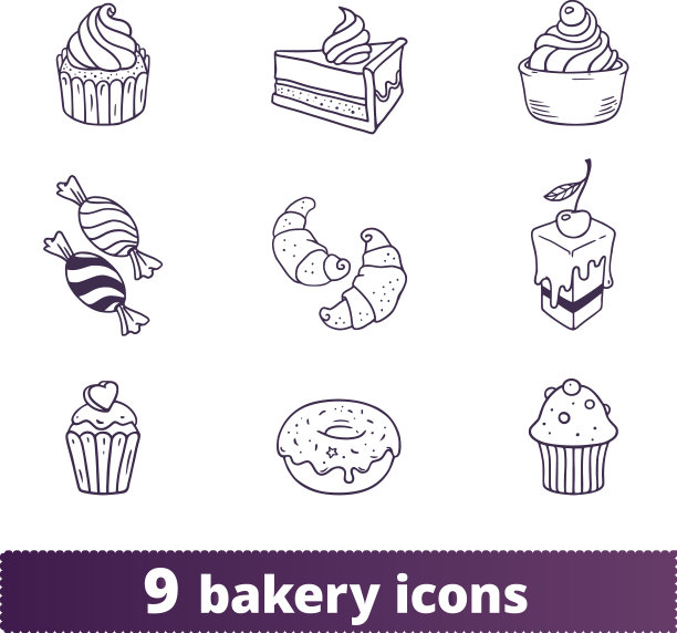 面包房和糕点细线手绘图标图片下载