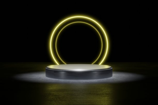 黄色霓虹灯产品背景舞台或裙座在垃圾街道地板上与辉光聚光灯和空白展示平台。3 d演示呈现图片下载