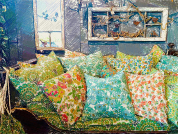 沙发上五颜六色的靠垫图片下载