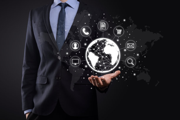 商人持有、使用、按社区技术数码信息图表图标。高科技和大数据的概念。全球的联系。物联网。信息通信网络。图片下载