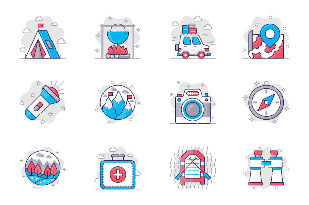 野营概念平线图标设置远足图片下载