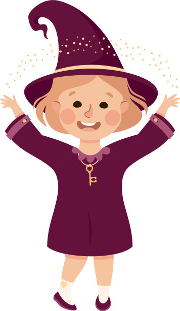 快乐的女巫女孩穿着紫色的衣服，戴着尖顶的帽子图片下载