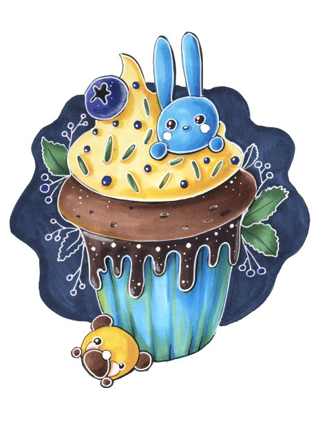 明亮的插图手绘与马克卡通sil儿童甜食品巧克力纸杯蛋糕与兔子和熊黄色奶油和浆果图片下载