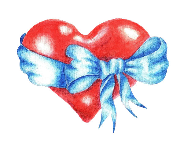 心形和蓝色蝴蝶结。水彩图片下载