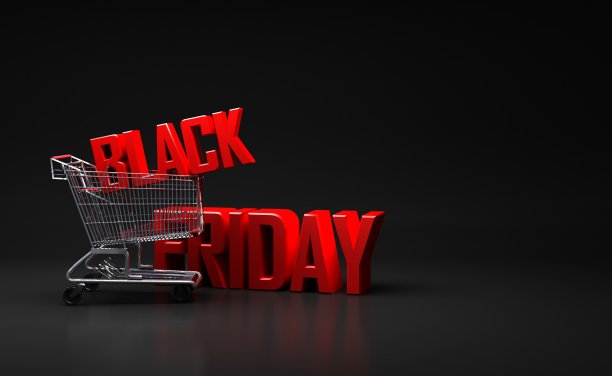 黑色星期五超市购物车的销售标志，3D渲染图片下载