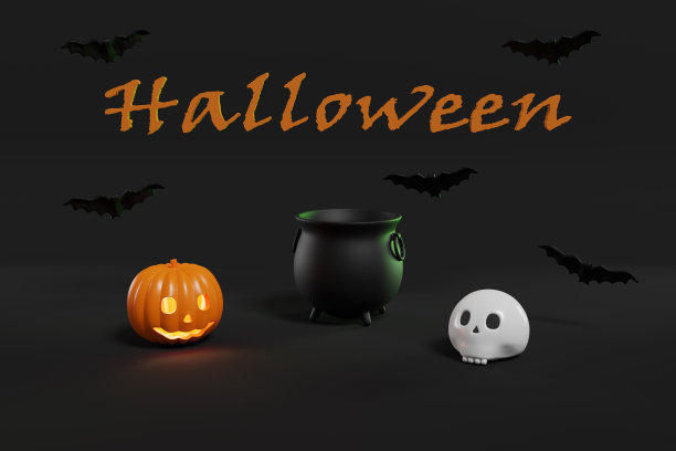 万圣节静物。大锅，南瓜，骷髅头和蝙蝠在黑暗的背景。3 d演示。图片下载