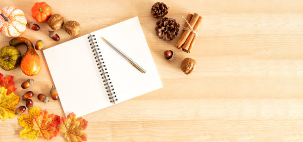 感恩节背景：木纹背景上的南瓜和落叶图片下载