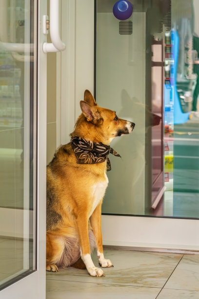 一只戴着围巾的可爱小狗在店门口耐心地等着它的主人图片下载