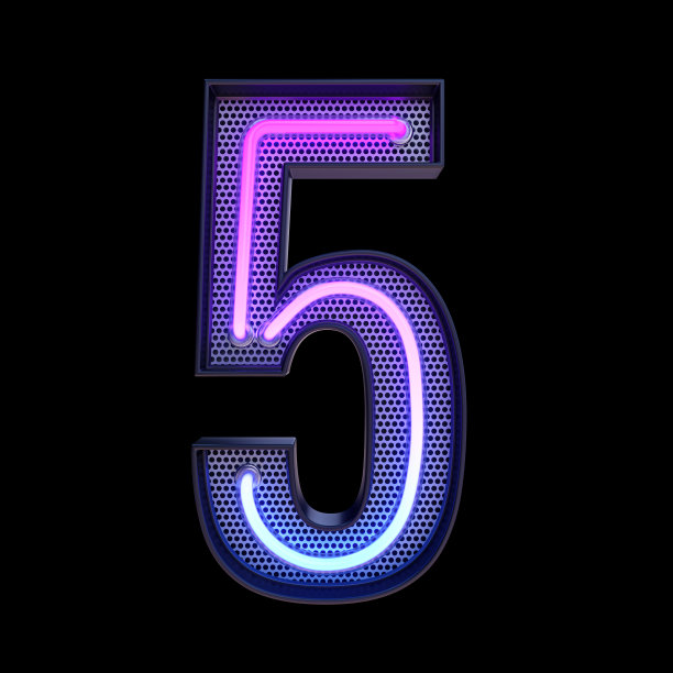 5号,字母。霓虹复古3d数字孤立在黑色背景与剪辑路径。3d插图。图片下载