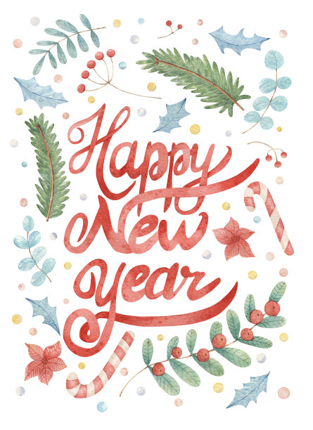 手绘水彩插图与树枝，树叶和新年快乐的字母。图片下载