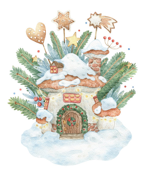 手绘水彩插图魔法蘑菇房子，冷杉树枝，姜饼和星星。图片下载