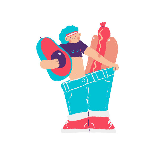 饮食向量概念插图与可爱的女人角色在大号牛仔裤与牛油果和热狗孤立在一个白色的背景。图片下载