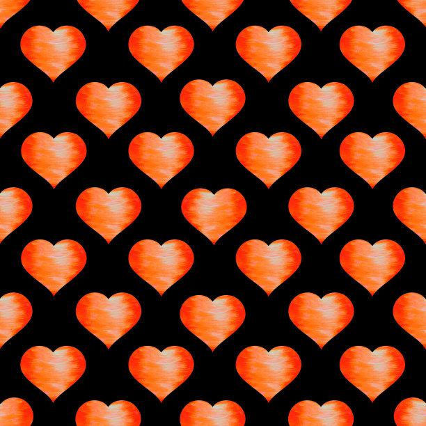 明亮的橙色心与纹理在黑色背景。无缝模式。水彩插图。用于包装设计，明信片，织物上的印刷。图片下载