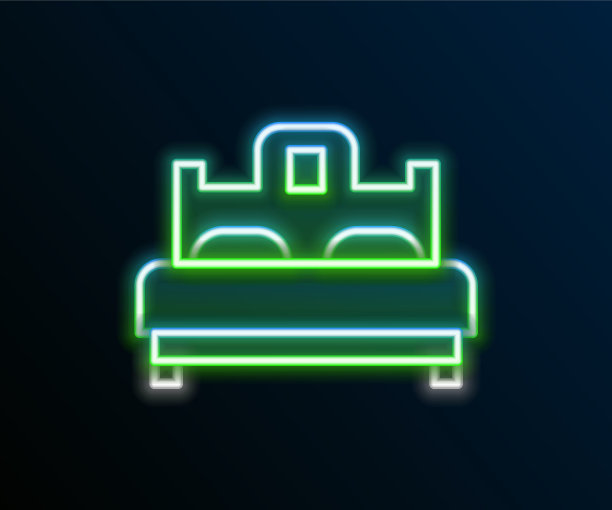 发光的霓虹灯线卧室图标孤立在黑色图片下载