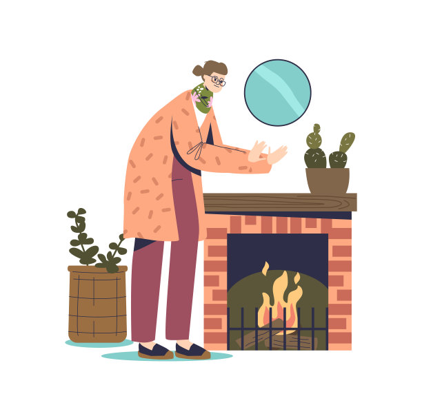 寒冷的女人在壁炉边暖手，在室内穿着暖和的衣服，在家里却很冷图片下载