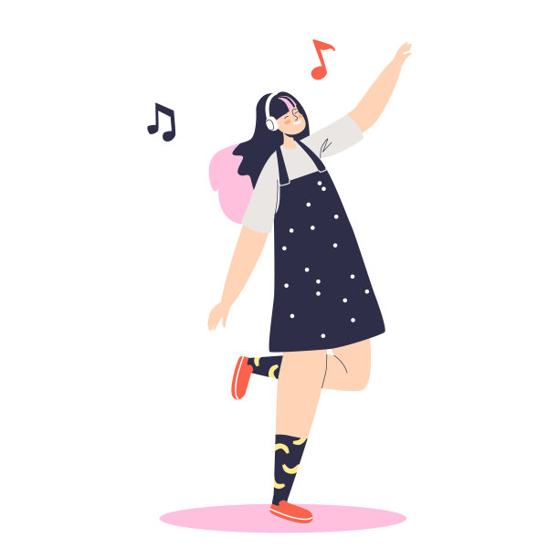年轻女孩戴着耳机听着音乐跳舞。女性喜欢耳机里的声音和歌声图片下载