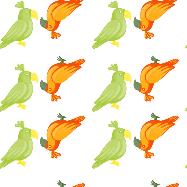 绿色和橙色的鹦鹉轮廓无缝的涂鸦图案。白色背景。孤立的打印。图片下载