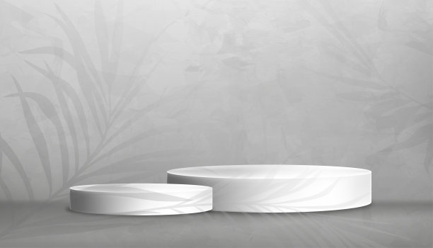 工作室的白色裙房在灰色混凝土地板上，灰色水泥墙壁上有棕榈叶的纹理背景。最小矢量3D背景水平横幅画廊与复制空间的产品礼品图片下载