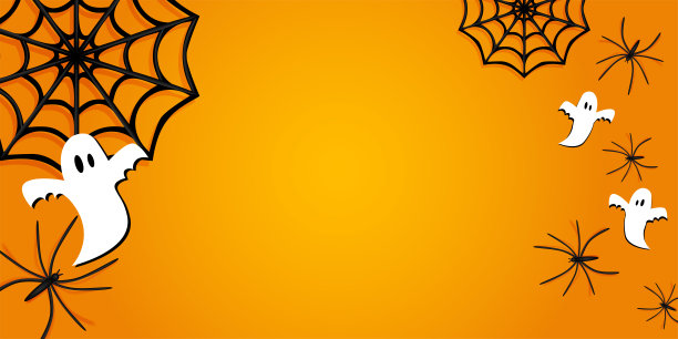 向量。万圣节的背景与南瓜，蜘蛛网，蜘蛛，节日装饰。万圣节派对邀请卡模拟。万圣节快乐横幅设计。立体图像，俯视图，复制空间。图片下载