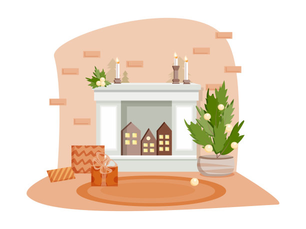 圣诞室内设计有圣诞树、礼物、蜡烛和壁炉。为了迎接新年，客厅布置成扁平的风格。装饰圣诞树。矢量插图。图片下载