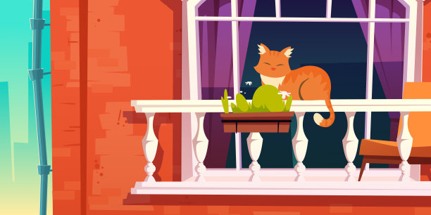 房子正面带有老式阳台，窗户和猫图片下载