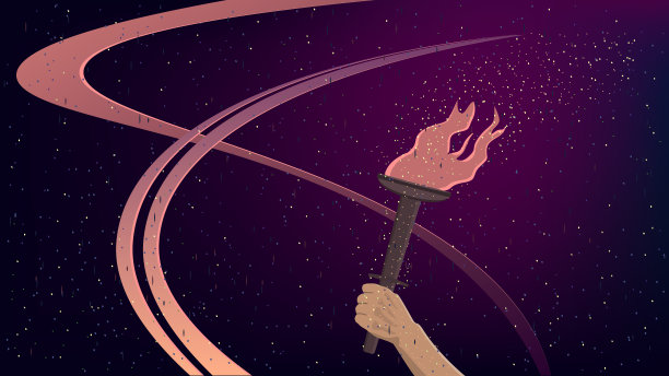 在黑暗的背景上，在卡通风格的手上燃烧火炬。体育标语。矢量插图。图片下载