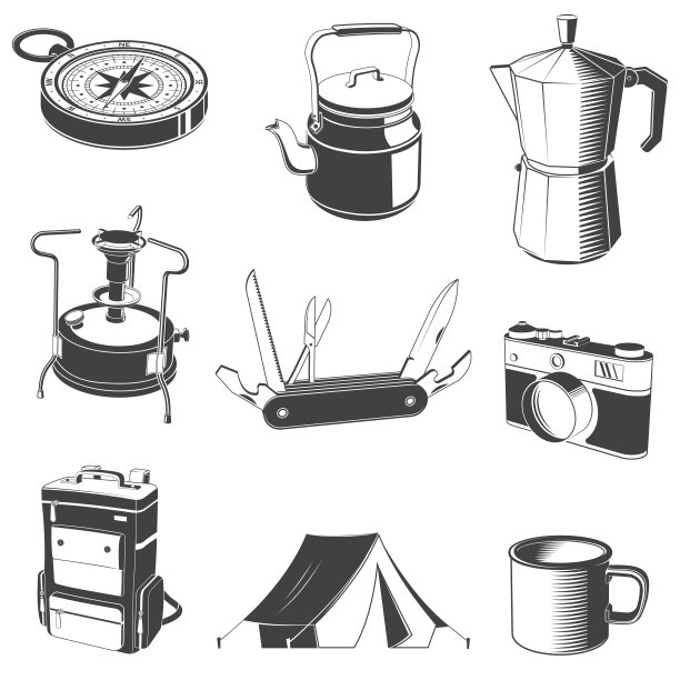 野营和户外活动的标志。套装包括独木舟与桨，primus，相机，马克杯，咖啡机，帐篷，铲子，口袋刀，背包。向量。露营，皮划艇，徒步旅行的装备图片下载