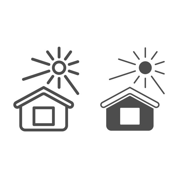 太阳照亮了房子的线条和实体图标图片下载