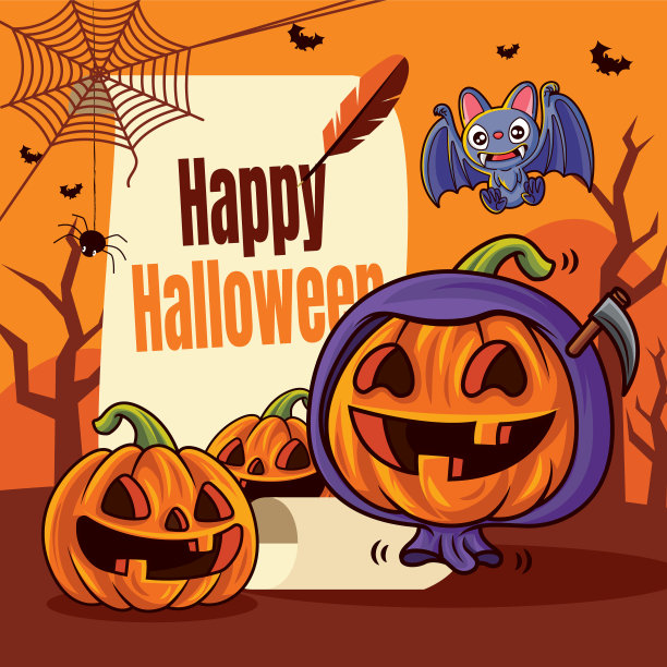 万圣节快乐。卡通可爱的橙色南瓜与死神服装问候万圣节的愿望在古老的卷轴纸签名图片下载