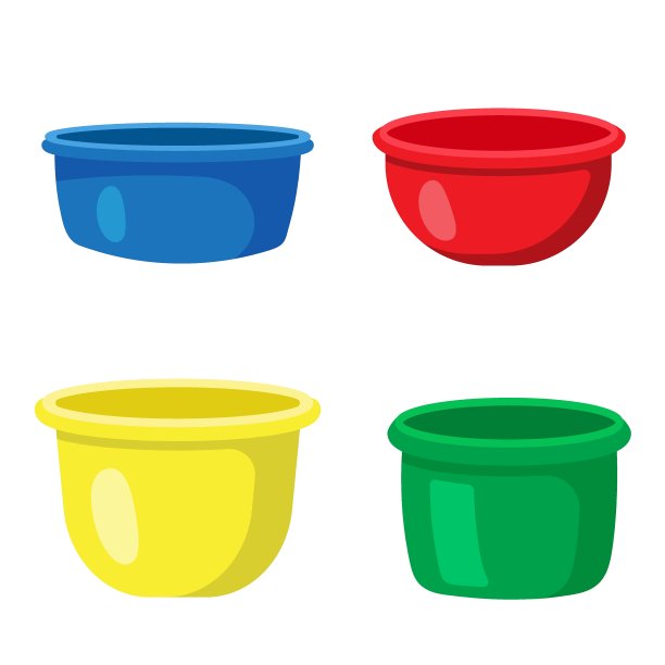 一套彩色的塑料盆。大众市场产品清洗和清洁。水容器。宽盆，用于食物或储藏。矢量插图卡通平面风格图片下载