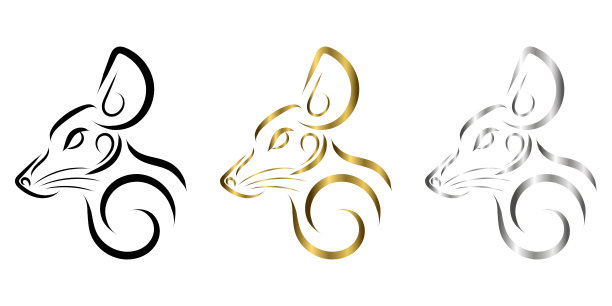 鼠标头的三色黑金银线艺术。很好的使用符号，吉祥物，图标，头像，纹身，T恤设计，标志或任何设计。图片下载