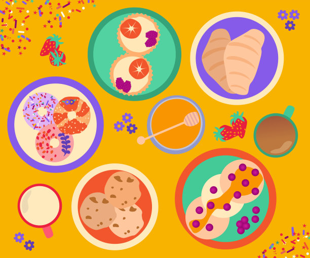 俯视图的甜点与牛角，甜甜圈，煎饼，饼干，水果派，蜂蜜，草莓，糖屑，咖啡和牛奶股票插图图片下载