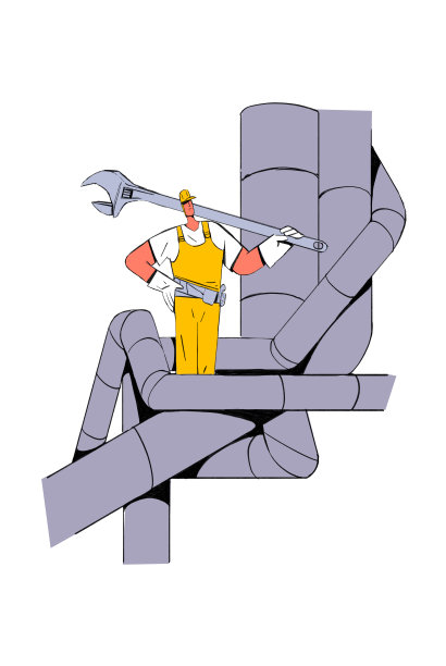 水管工概念插图与巨大的阀门和管道。他的工具随时准备修理。为管道工业剪辑艺术。插图与现代设计的颜色隔离在白色。图片下载