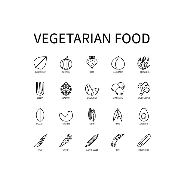 Line图标素食在简单的风格。一组简单风格的矢量图标，孤立在白色背景上。图片下载