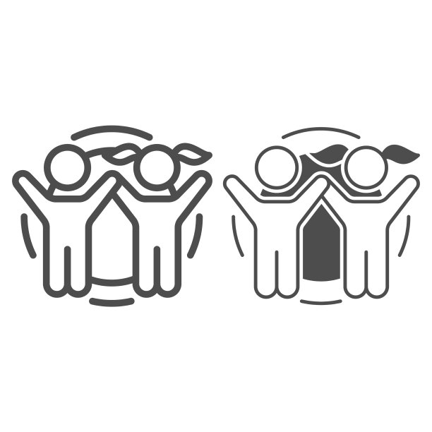 男孩和女孩举起手朝向太阳线和固体图片下载