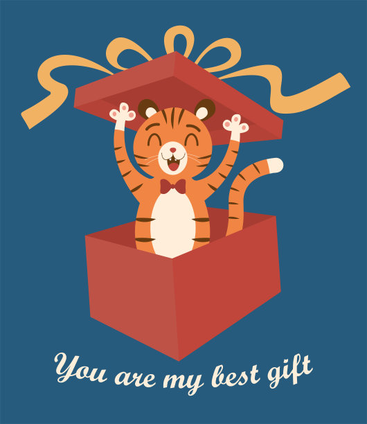 一只可爱的老虎从盒盖上有蝴蝶结的礼品盒里跳出来图片下载