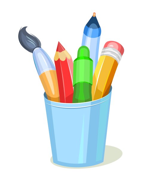 玻璃杯里的文具。创造和绘画的工具。儿童有趣的卡通风格。刷子和铅笔。孤立在白色背景上。向量。图片下载