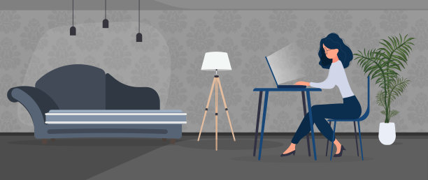 女孩在一间时髦的办公室里用笔记本电脑工作。一间书房，一台电脑，一张沙发，一个衣柜，一个书架，墙上有书，画。在家里工作。向量。图片下载