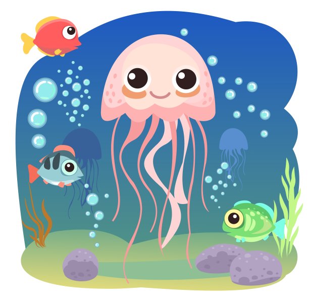 水母,小景观。水下生活。野生动物。海洋,海洋。夏天的水。孤立在白色背景上。漫画风格的插图。平面设计。矢量艺术图片下载