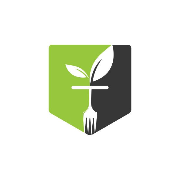 有机食品标志与叉子和叶子的符号。图片下载