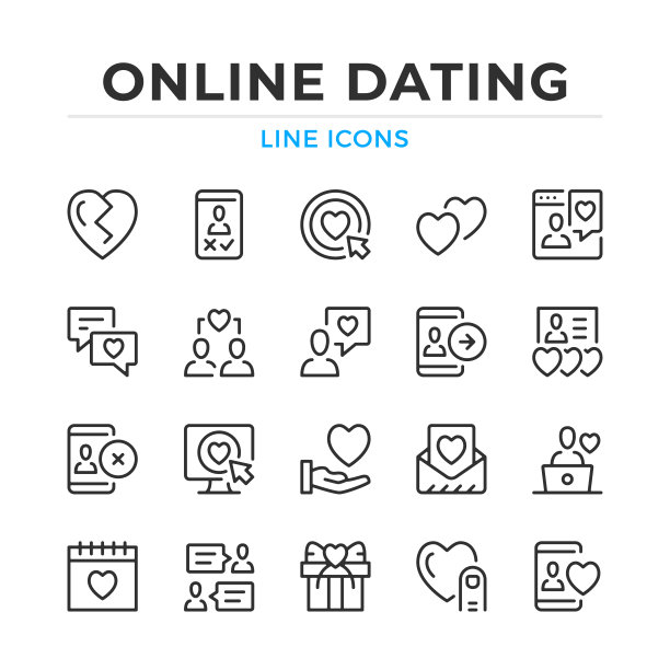 在线约会线图标设置。现代轮廓元素，平面设计理念。中风、线性风格。简单的符号集合。矢量线的图标图片下载