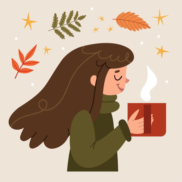 穿着舒适毛衣的女孩用爱心捧着一杯芳香的咖啡。前视图。秋天的落叶。节日的气氛中。图片下载