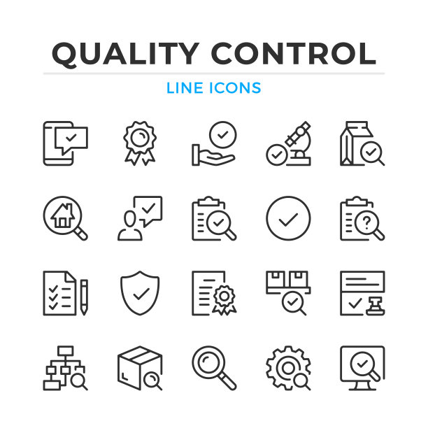 质量控制线图标设置。打勾，打勾，打勾象形图。现代轮廓元素，平面设计理念。中风、线性风格。简单的符号集合。矢量线的图标图片下载