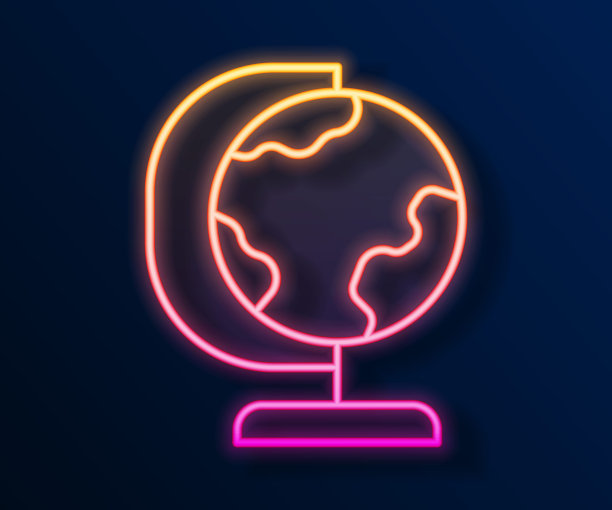 发光的霓虹灯线地球地球仪图标孤立在黑色背景。向量图片下载